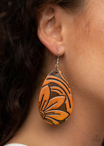 Garden Therapy - Brown Leather Teardrop Floral Earrings - Paparazzi Accessories