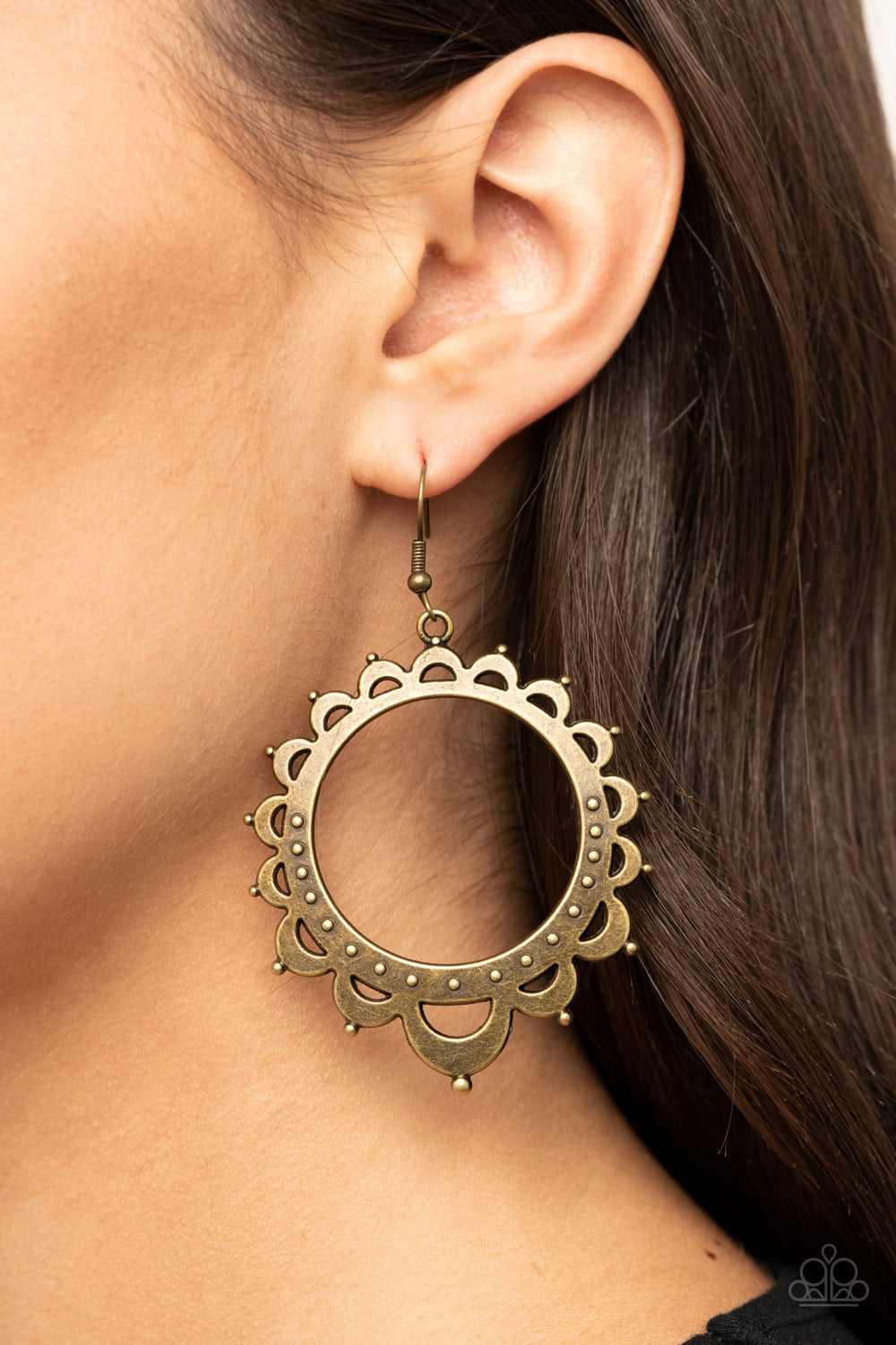 Casually Capricious - Brass Antiqued Filigree Earrings - Paparazzi Accessories