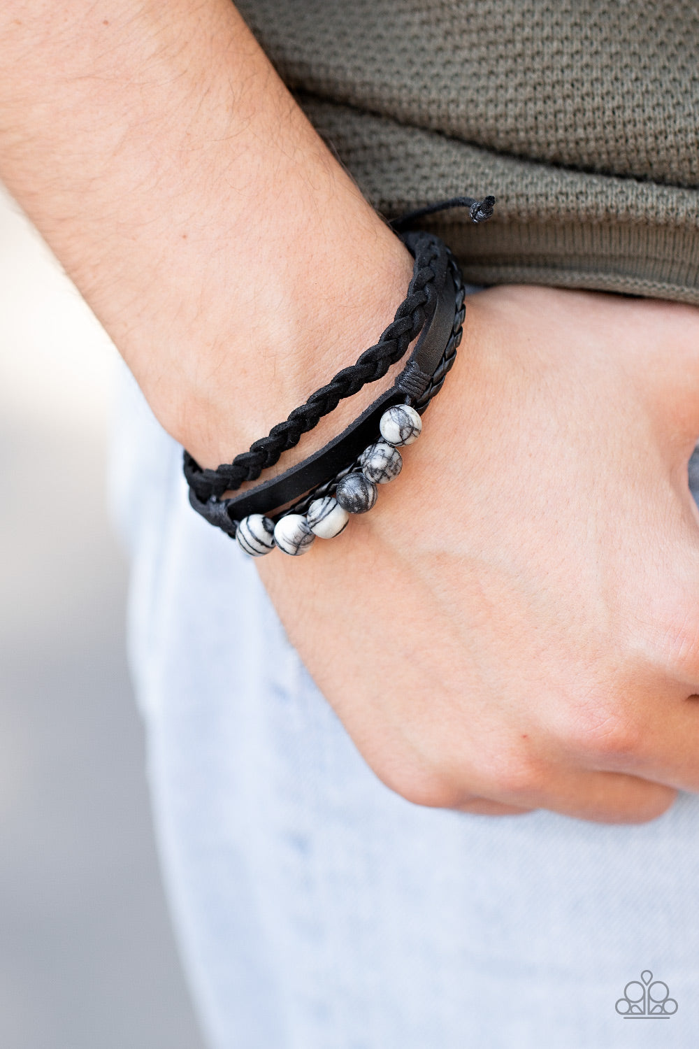 Off-Road Rebel - Black Suede, Leather, and Marble Bead Pull-Tie Urban Bracelet - Paparazzi Accessories