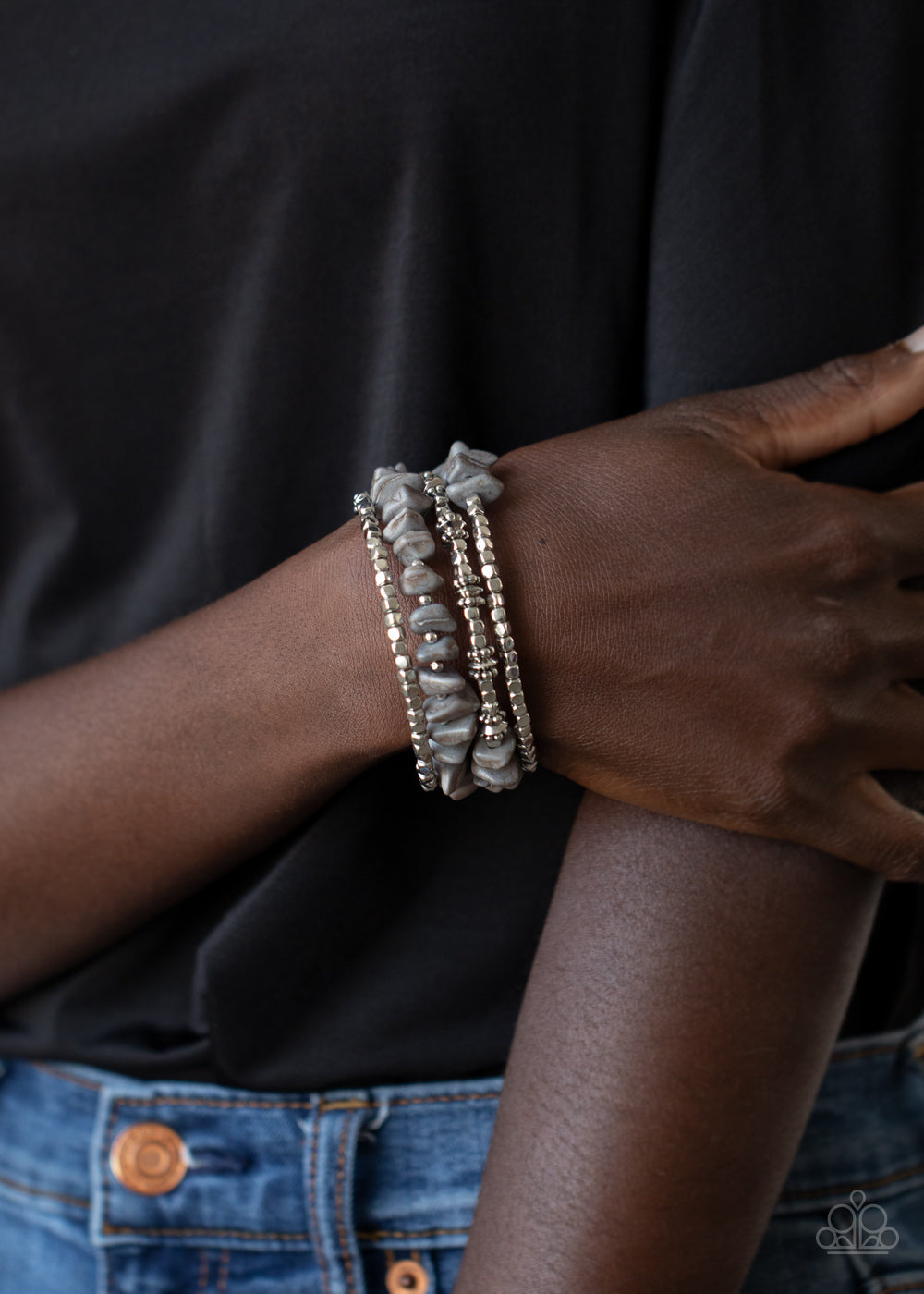 Rockin Renegade - Silver Stone and Bead Coil Bracelet - Paparazzi Accessories