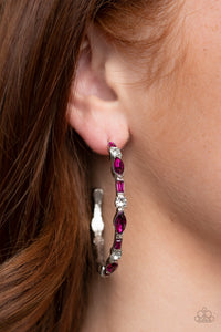 There Goes The Neighborhood - Pink and White Rhinestone Hoop Earrings - Paparazzi Accessories