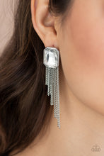 Load image into Gallery viewer, Save for a REIGNy Day - White Rhinestone and Chain Fringe Earrings - Paparazzi Accessories