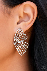 Butterfly Frills - Silver Butterfly Earrings - Paparazzi Accessories