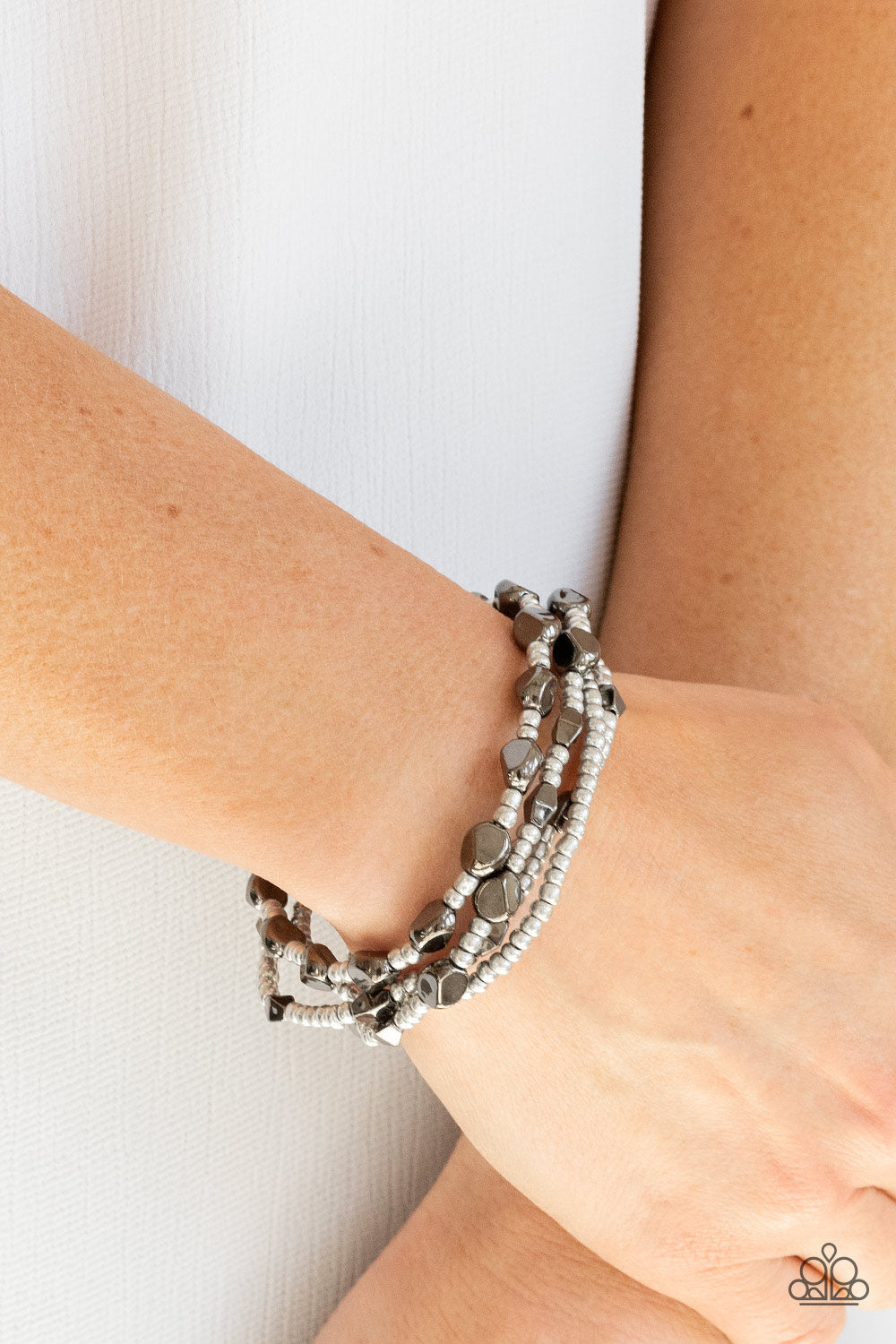 Fashionably Faceted - Multi Gunmetal and Silver Beaded Stretchy Bracelets - Paparazzi Accessories