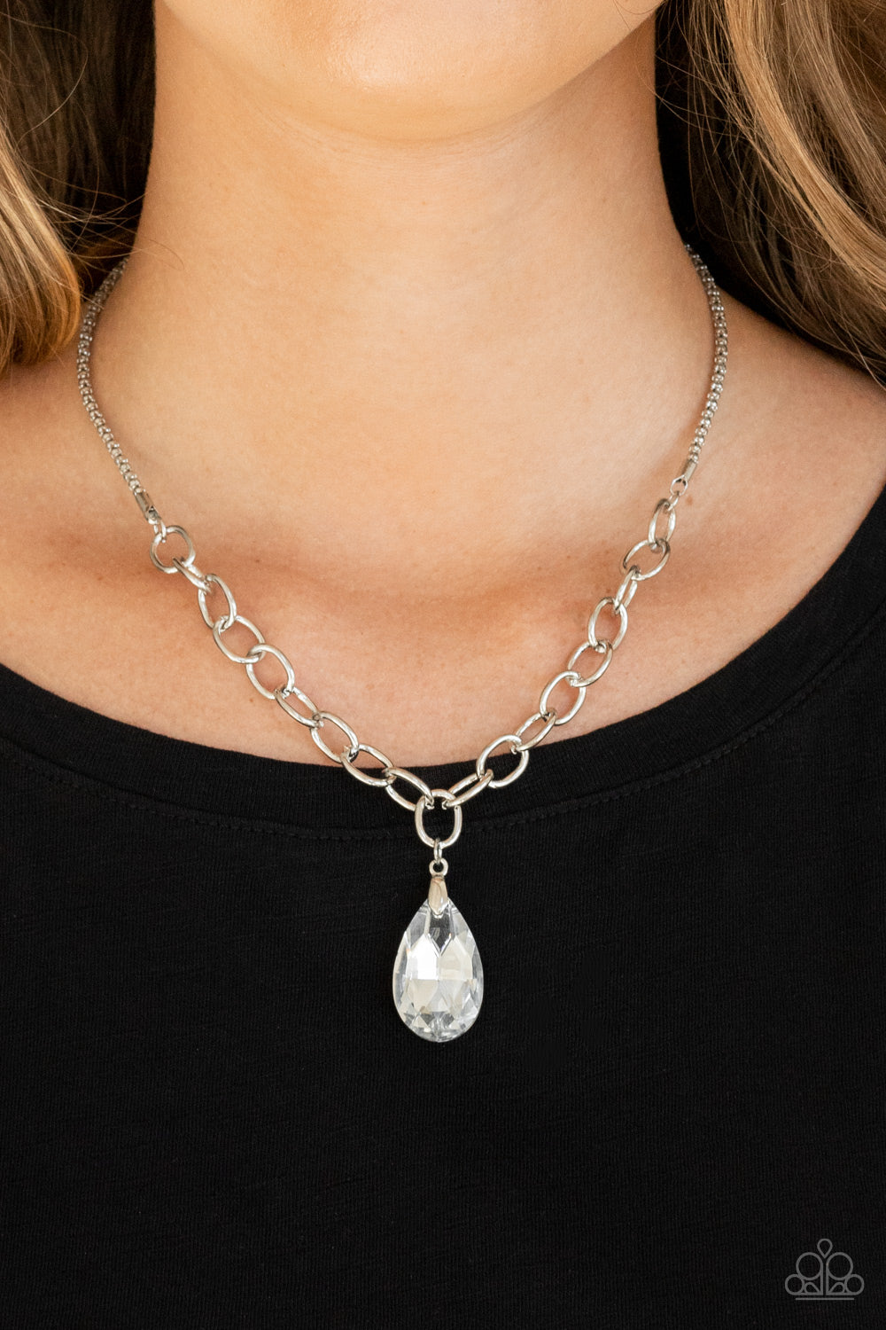 Mega Modern - Silver Chain Necklace with a Teardrop Rhinestone - Paparazzi Accessories