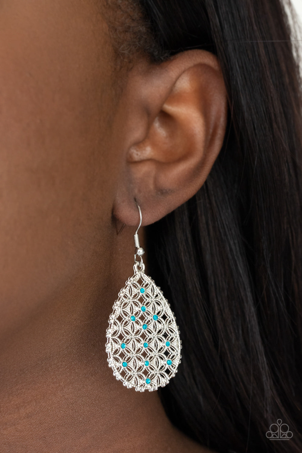 Glorious Gardens - Blue Rhinestone Textured Teardrop Earrings - Paparazzi Accessories