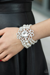 Rule The Room - White Pearl and Rhinestone Stretchy Bracelet - EMP 2021 - Paparazzi Accessories