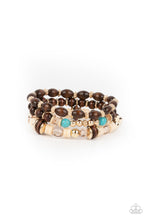 Load image into Gallery viewer, Belongs In The Wild - Gold, Wooden and Turquoise Bead Stretchy Bracelets - Paparazzi Accessories