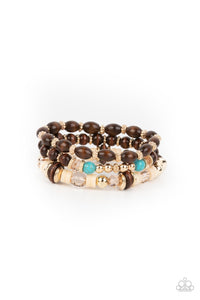 Belongs In The Wild - Gold, Wooden and Turquoise Bead Stretchy Bracelets - Paparazzi Accessories