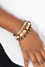 Load image into Gallery viewer, Belongs In The Wild - Gold, Wooden and Turquoise Bead Stretchy Bracelets - Paparazzi Accessories