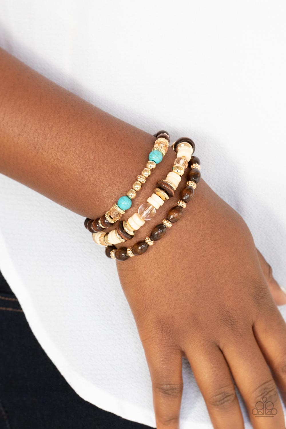 Belongs In The Wild - Gold, Wooden and Turquoise Bead Stretchy Bracelets - Paparazzi Accessories