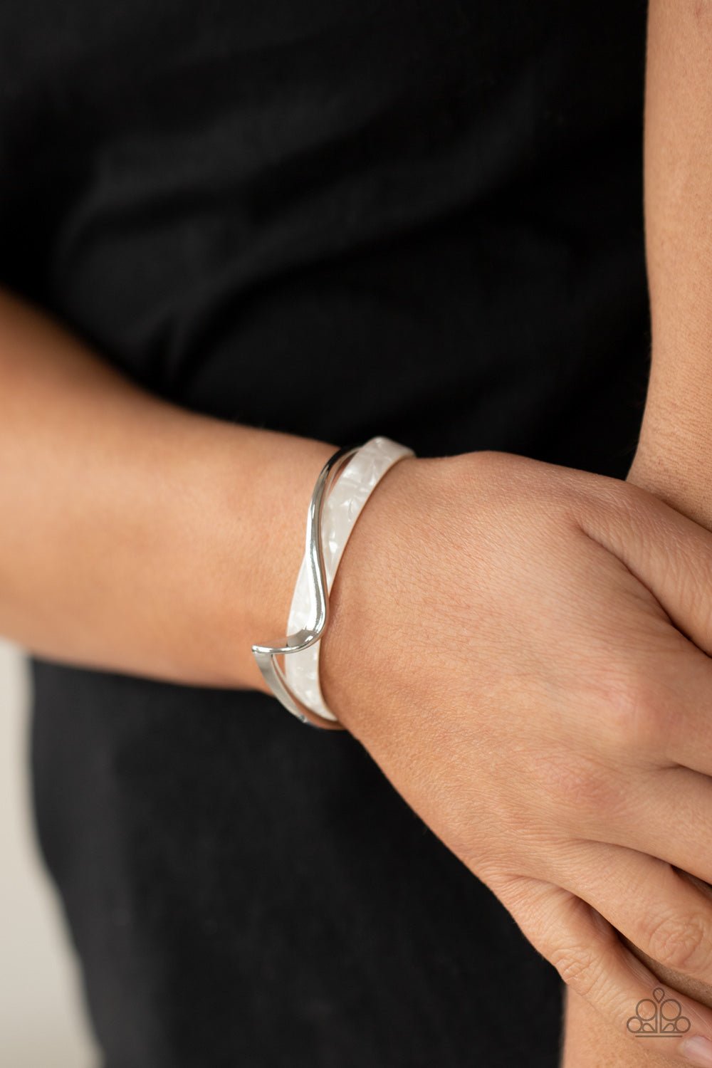 Craveable Curves - White Acrylic and Silver Cuff Bracelet - Paparazzi Accessories