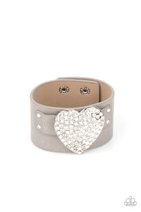 Flauntable Flirt - Silver Leather Wrap Bracelet with Rhinestone Heart - Paparazzi Accessories