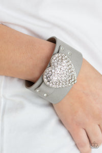 Flauntable Flirt - Silver Leather Wrap Bracelet with Rhinestone Heart - Paparazzi Accessories
