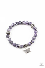 Load image into Gallery viewer, Butterfly Wishes - Purple, Black, and White Mable Bead and Butterfly Charm Stretchy Bracelet - Paparazzi Accessories