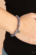 Load image into Gallery viewer, Butterfly Wishes - Purple, Black, and White Mable Bead and Butterfly Charm Stretchy Bracelet - Paparazzi Accessories