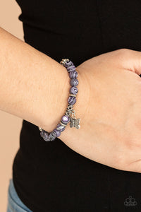 Butterfly Wishes - Purple, Black, and White Mable Bead and Butterfly Charm Stretchy Bracelet - Paparazzi Accessories