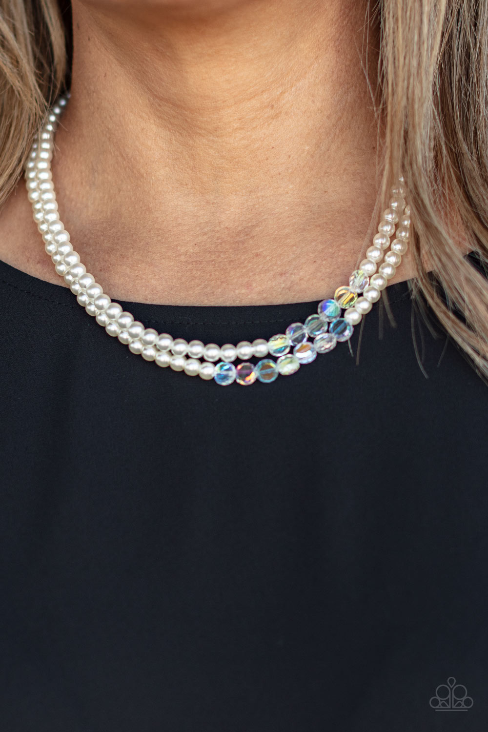 Poshly Petite - White Pearl and Iridescent / Oil Spill Bead Necklace - Paparazzi Accessories