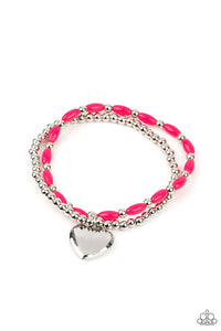 Candy Gram - Pink and Silver Bead Heart Charm Bracelet - Paparazzi Accessories