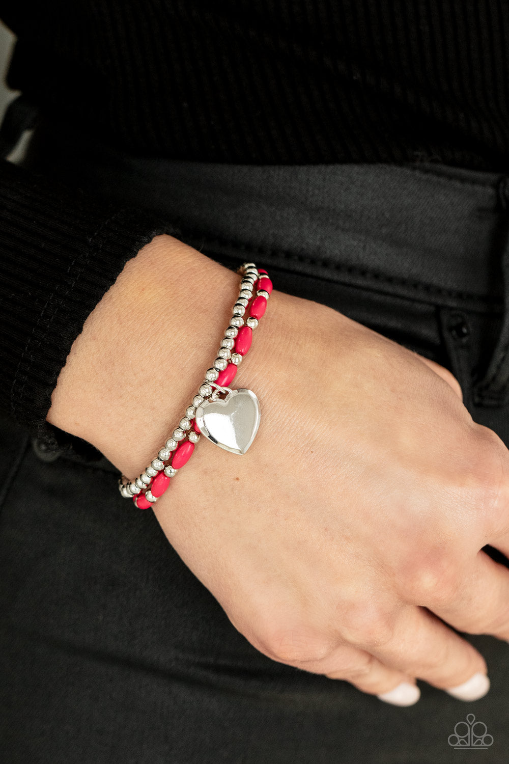 Candy Gram - Pink and Silver Bead Heart Charm Bracelet - Paparazzi Accessories