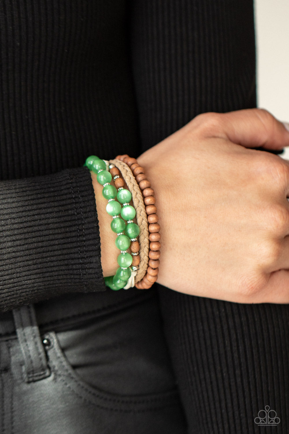 Down HOMESPUN - Green Cat Eye Bead, Wood, and Brown Twine Urban Pull-Tie Bracelet - Paparazzi Accessories
