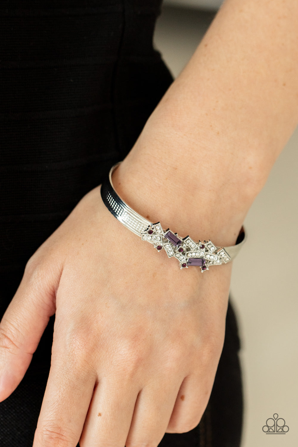 A Chic Clique - Purple and White Rhinestone Silver Cuff Bracelet - Paparazzi Accessories