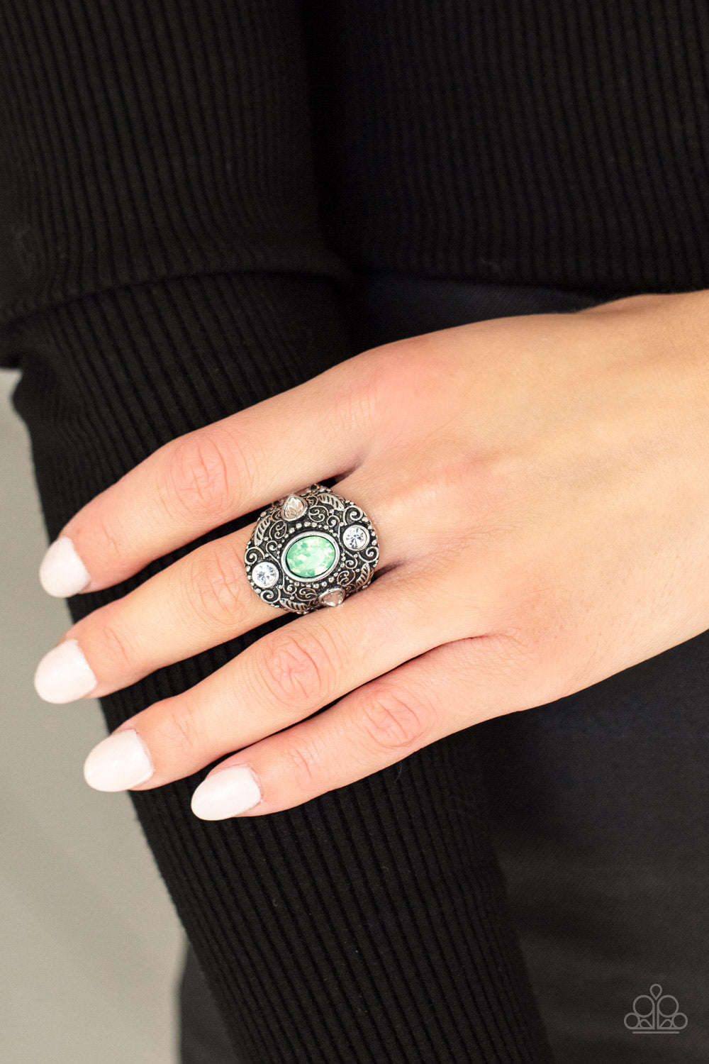 In The Limelight - Green Gem and Filigree Ring - Paparazzi Accessories