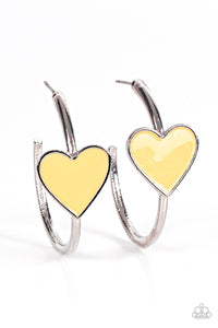 Kiss Up - Yellow Heart Silver Hoop Earrings - Paparazzi Accessories