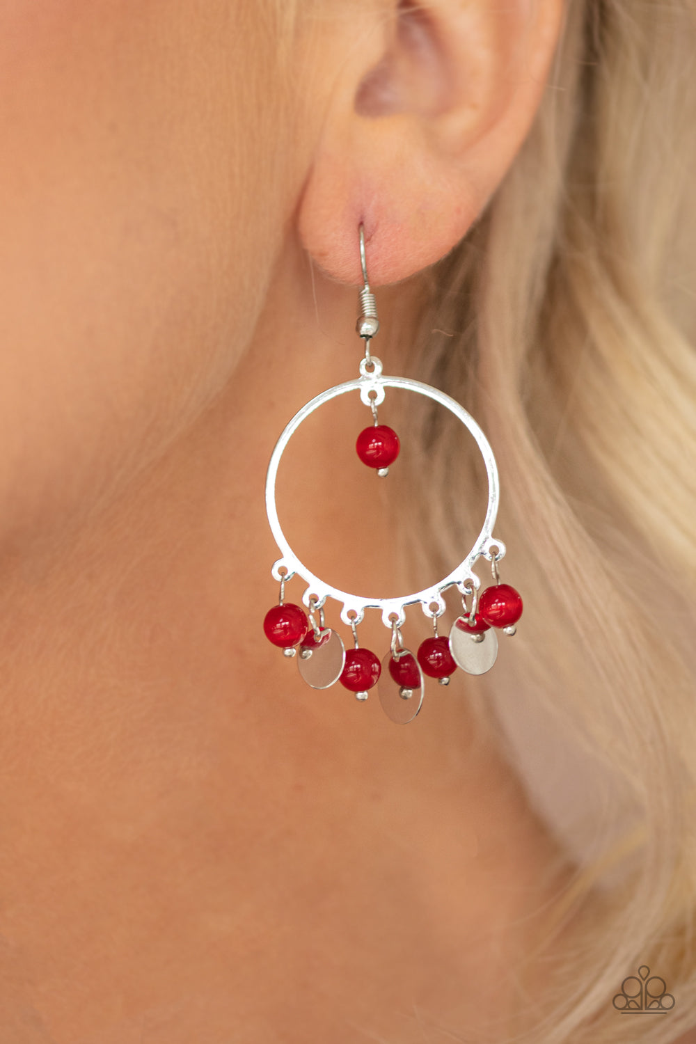 Bubbly Buoyancy - Red Bead and Silver Disc Earrings - Paparazzi Accessories